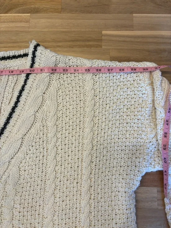 Taylor Swift Folklore Cream Cable Knit Cardigan with Black Trim and Star Elbows - Picture 13 of 16